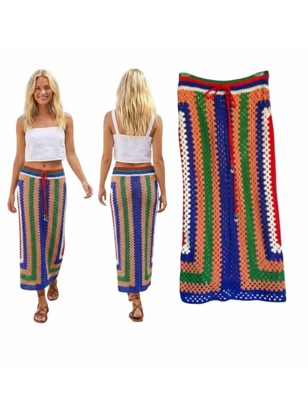 Farm Rio Multicolor Crochet Maxi Skirt Medium Vertical Striped Boho Festival New